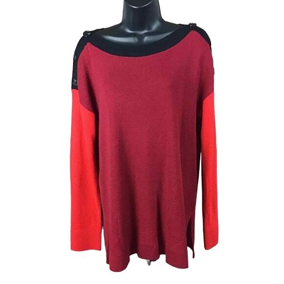 Vince Camuto Women’s Medium Red Black Colorblock Button Shoulder Sweater NWOT - Picture 14 of 16